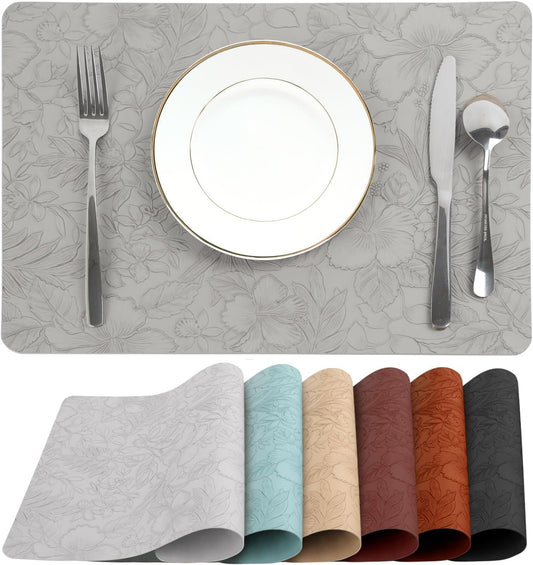 SolaraDawn Faux Leather Placemats Set of 4 Light Gray, 17" × 12" Waterproof & Heat-Resistant Dining Place Mats, Easy Wash Clean, Wipeable & Anti-Slip Table Mats with Shallow Embossed Texture