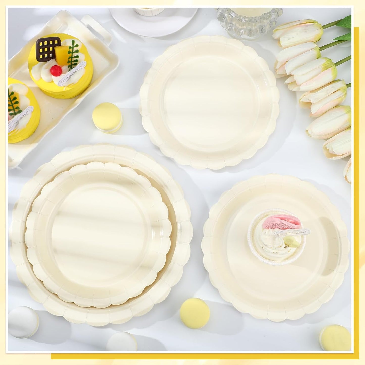 30 Pcs Dessert Plates Disposable, 7 Inch Ivory Paper Plates Scalloped Small Cake Appetizer Birthday Plate Cream Party Plate for Thanksgiving, Wedding, Baby Bridal Shower