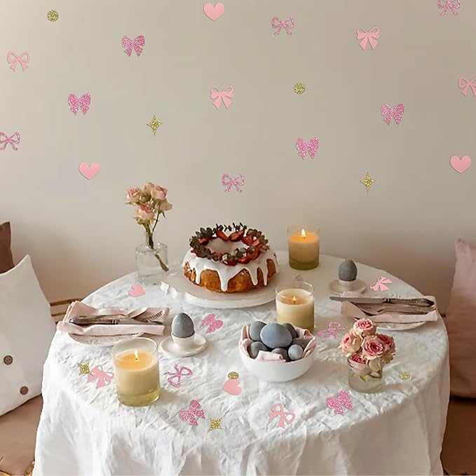 240 Pcs Pink Bow Confetti, Bow Theme Glitter Table Scatter for Coquette Engagement and wedding Party Decoration(Golden)