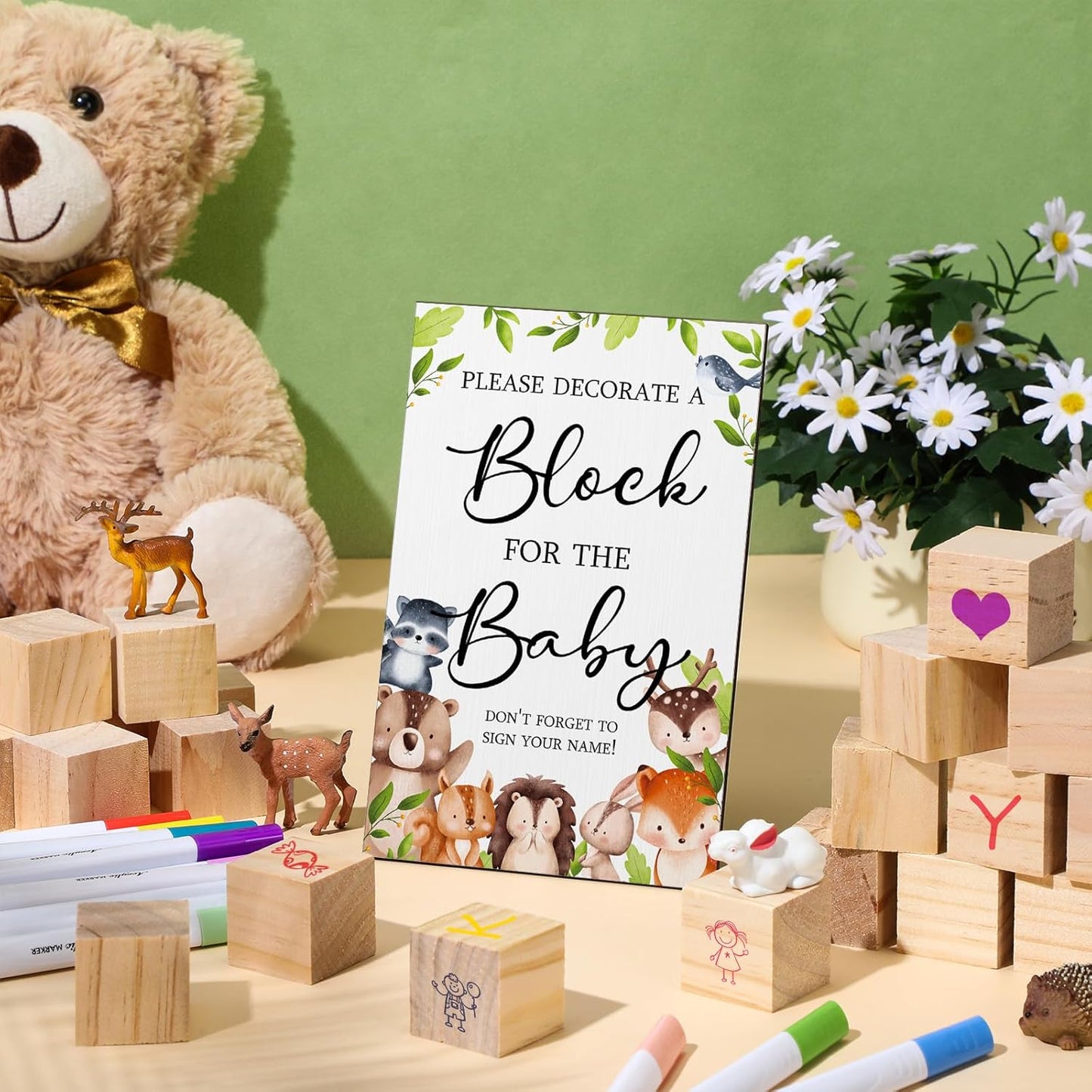 Tatuo 75 Pcs Baby Shower Games Sign Kit Including Decorate a Block Game Sign 50 DIY Wooden Block 24 Acrylic Paint Marker Baby Shower Prize for Gender Reveal Party(Woodland)