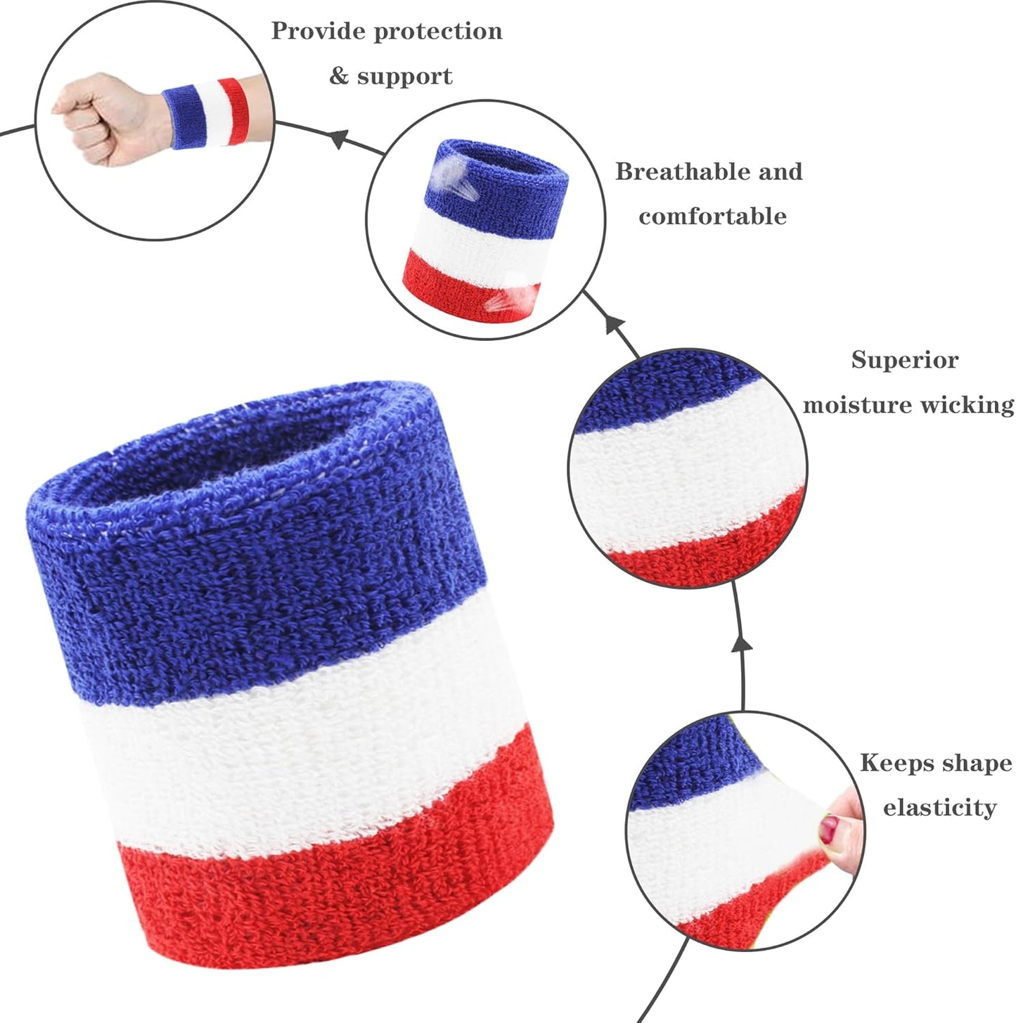 6 Pieces Sweatband Set Sports Headband Wristband Set, Moisture Wicking Athletic Sweatbands 4 Wrist Sweatband and 2 Headbands, Terry Cloth Sweat Absorbing Head Band for Workout