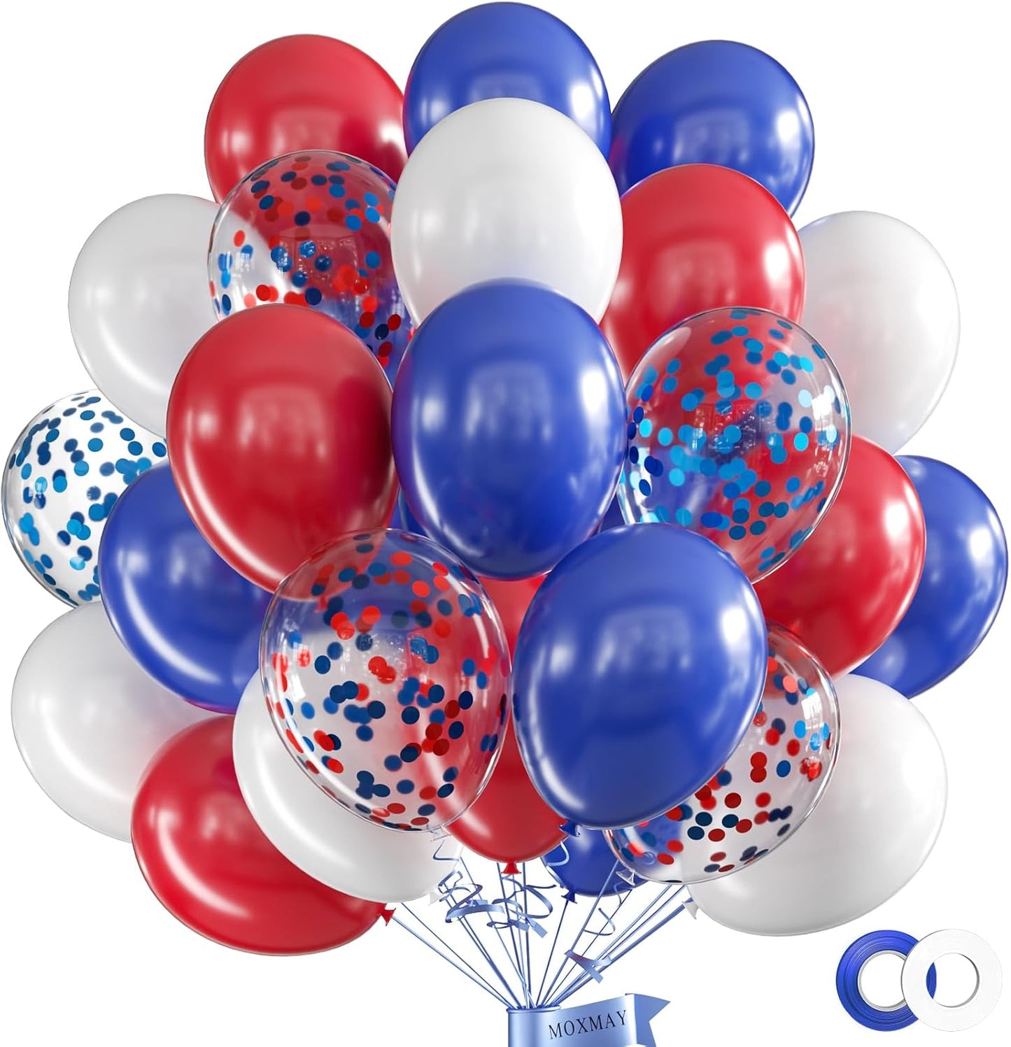 62Pcs 12Inch Bule Red White Balloons Arch Kit, White and Navy Blue Red Confetti Party Balloons with Ribbons for Birthday, Wedding, Baby Shower, Graduation Decorations