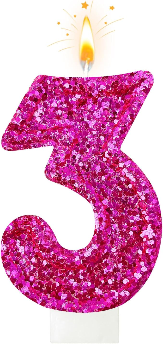 Zailo Birthday Number Candles, Glitter Number Candle Cake Decorations with Sequins, Cupcake Decorations for Girls, Women, Party Anniversary Celebrations (Number 3, Bright red)