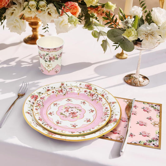 96pcs Tea Party Plates and Napkins Cups Fancy Paper Plates Round Disposable Tableware Set for 24 Guest Gold Border Retro Gorgeous Picnic Wedding Kids Birthday Party Supplies Decorations