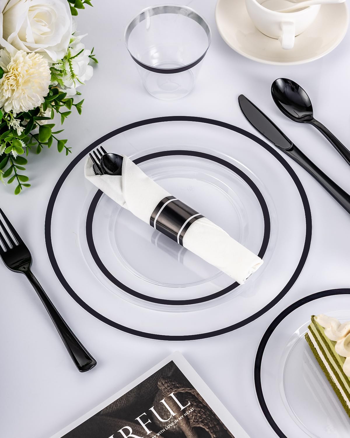 175PCS Plastic Plates for Party, Disposable Clear Black Dinnerware Set for 25 Guests,50 Plastic Plates, 25 Cups, 25 Pre-Rolled Napkins with Cutlery for Party, Thanksgiving, Christmas, Wedding