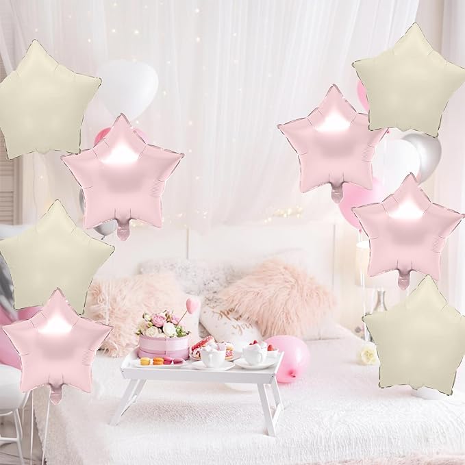 Biapian Baby Pink Star Foil Balloons, 10PCS Light Pink Cream White Foil Stars Shape Balloon, 18 Inch Stars Balloons for Helium Pentagram Balloon for Girls Birthday, Baby Shower Party Decoration