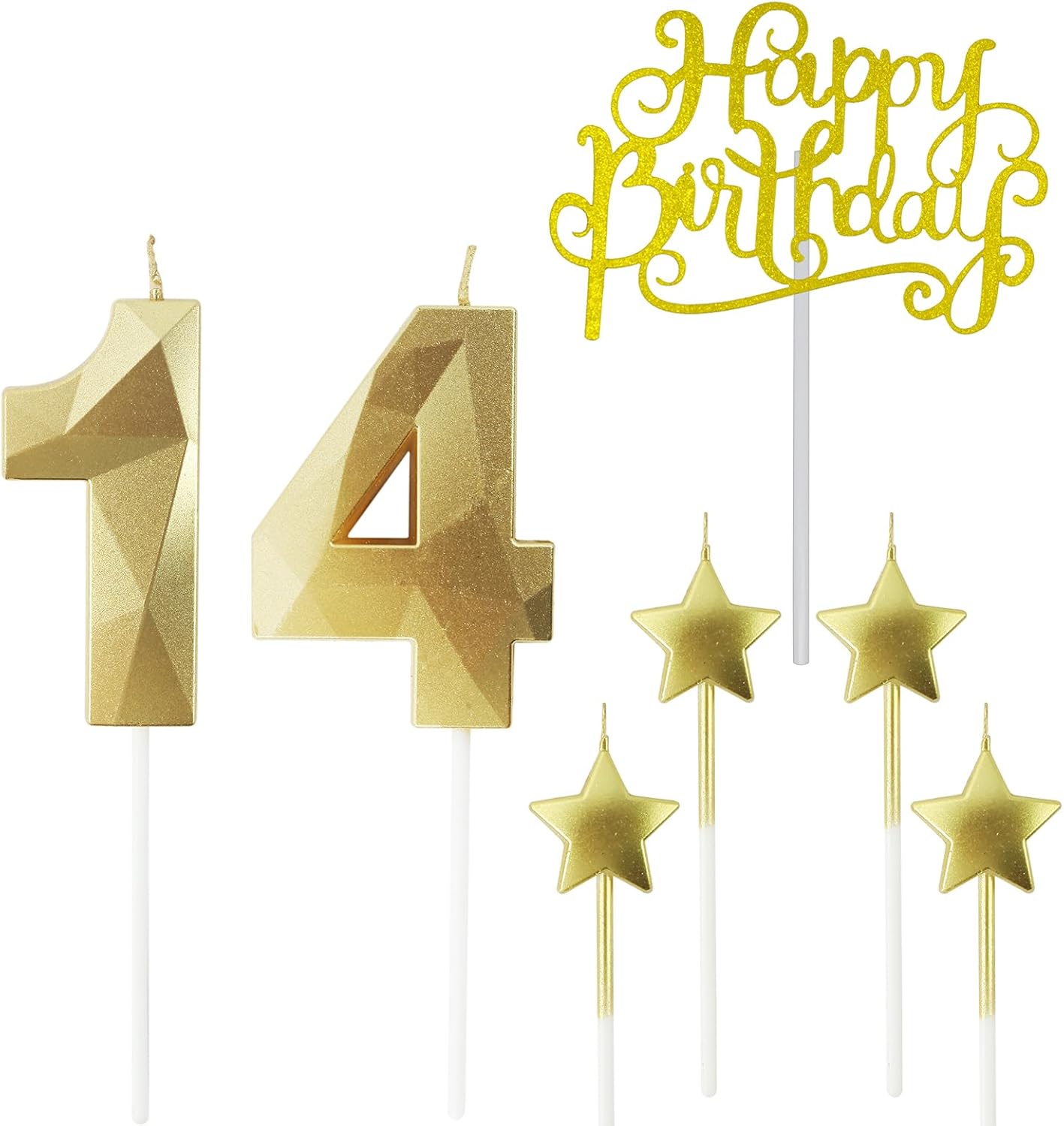 Golden Number 14 Birthday Candles and Star Birthday Candles 2.76 inch Birthday Cake Candles 3D Diamond Shaped Candles are Suitable for Birthday Parties and Anniversary Cake Decorations Candles