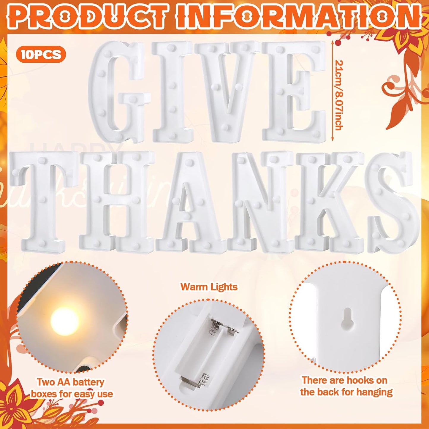 10 Pcs Give Thanks Large LED Letter Sign LED Lights Battery Powered Thanksgiving Table Decoration for Thanksgiving Party Decorations