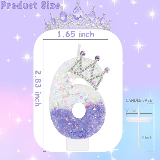 Purple White Number 6 Candle, Glitter Crown Cake Topper, Princess Birthday Party Decorations for Girls and Women Anniversary Celebrations Party Favors