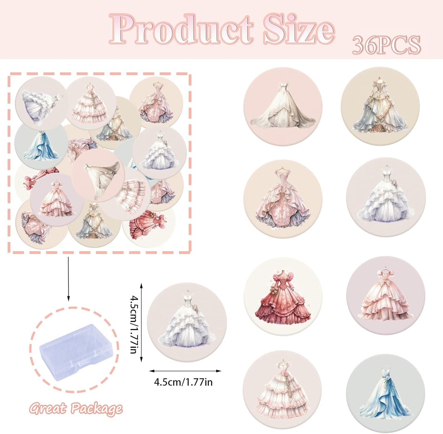 36PCS Edible Wedding Dress Cupcake Toppers Wafer Paper Bride Full Dress Cupcake Decoration Vintage Formal Gown Cupcake Picks for Bridal Shower Wedding Party Decor Supplies