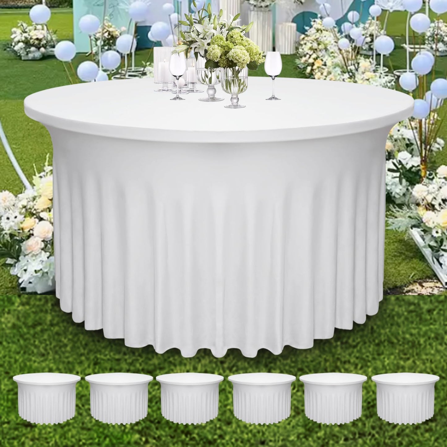 6 Pack 48" Diameter x 30" Height White Table Skirt | Fits 4FT Round Tables |Polyester Spandex Round Table Cloths with Skirt|Stain 、Wrinkle Resistant、 for Wedding,Party,Dining,Banquet