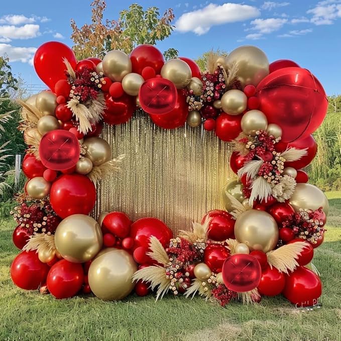 Red and Gold Balloon Garland Double Stuffed Ruby Red Gold Balloons Arch Kit With Mylar Balloon for Valentine New Year Baby Shower Anniversary Birthday Party Decoration