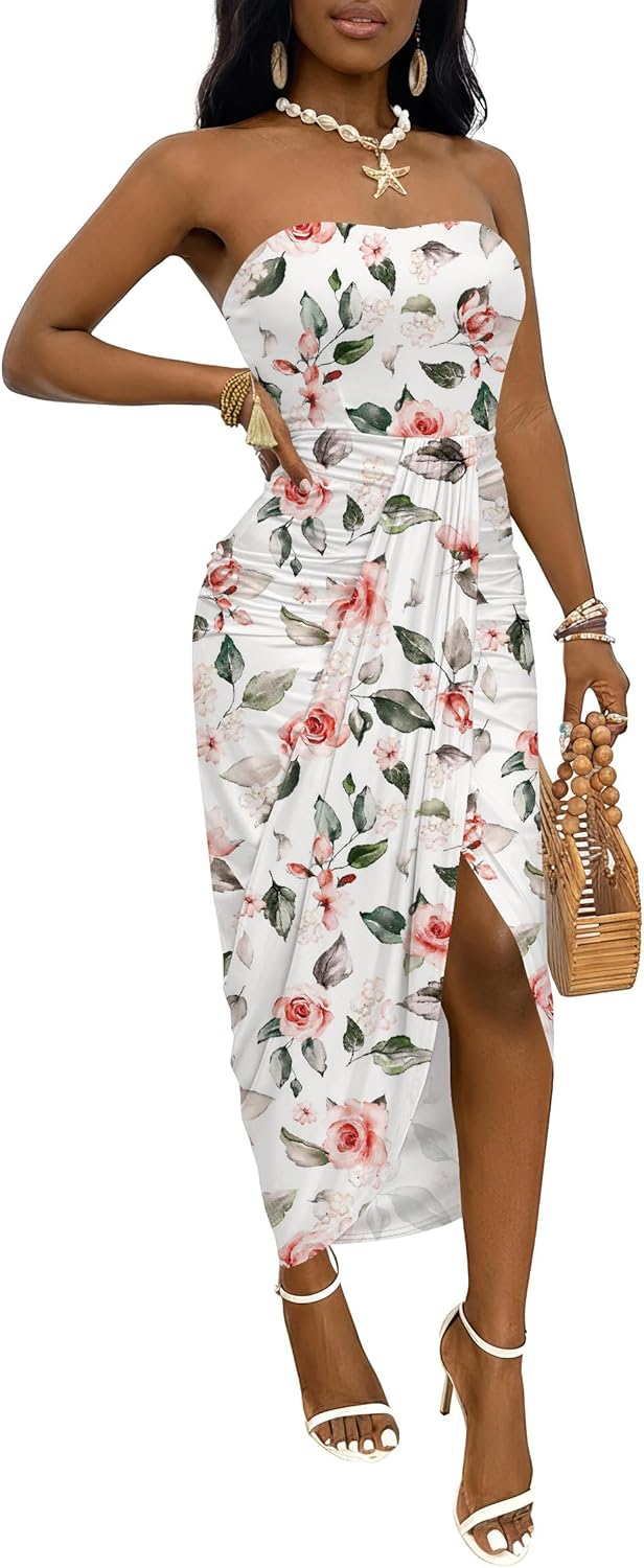 Umenlele Women's Strapless Ruched High Waist Wrap Split Asymmetrical Beach Maxi Long Dress
