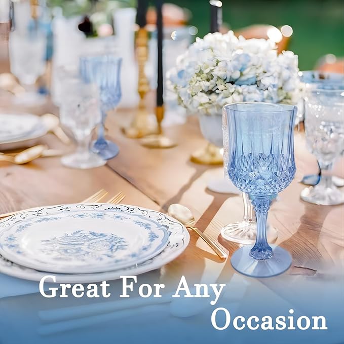 Plastic Wine Glasses, Plastic Goblets Vintage Style Cordial Unbreakable Drinking Glasses, Reusable Drinkware for Wedding Reception, Grand Event Party Supplies, Easter (100, Blue)