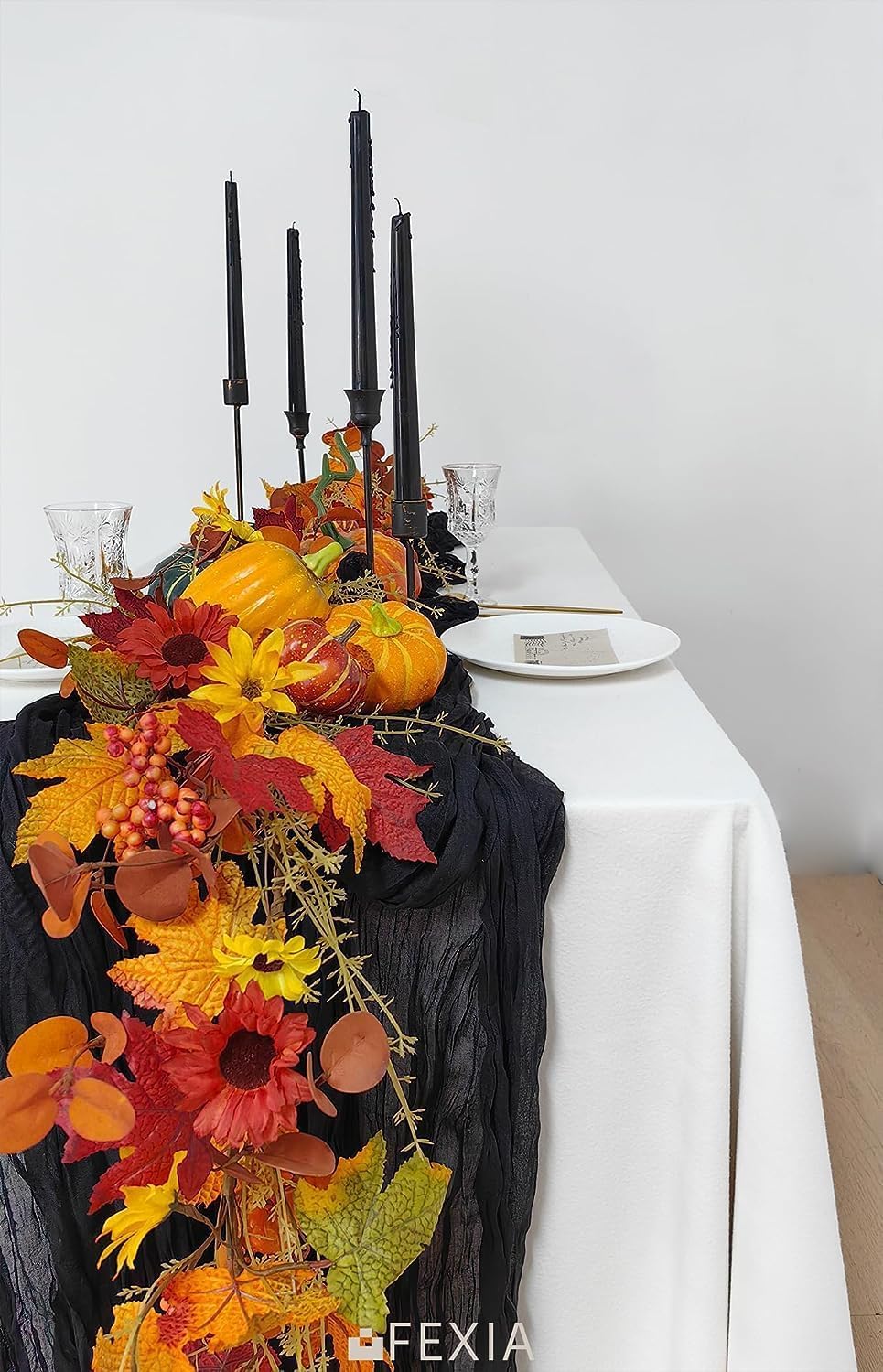 FEXIA 10 Pack Black Table Runner 35x120 Inches Gauze Rustic Gothic Farmhouse Decor for Halloween Thanksgiving Funeral First Communion Centerpiece Table Decorations (Black)