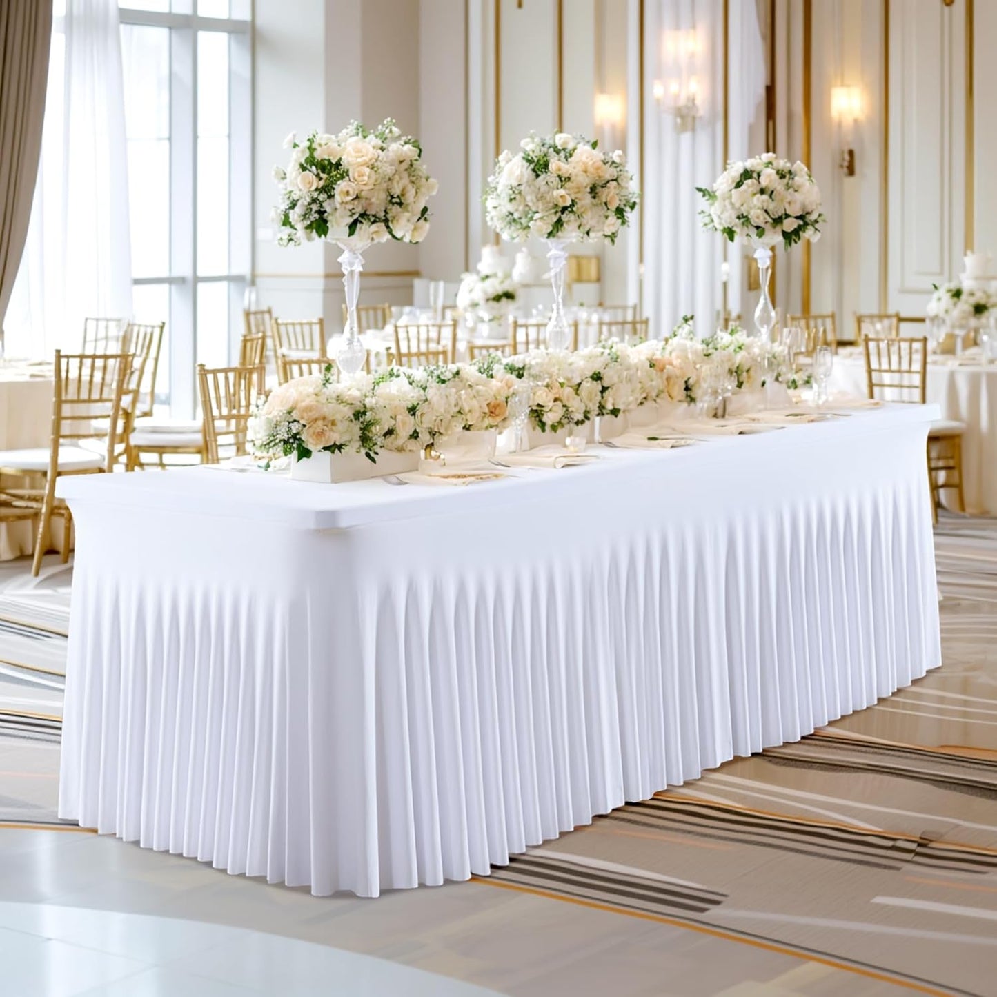 2 Pack Spandex White Fitted Table Cloth for 8ft Rectangle Tables White Stretch Tablecloth Table Covers Banquet Table Clothes Wrinkle Free Table Skirt for Parties Wedding