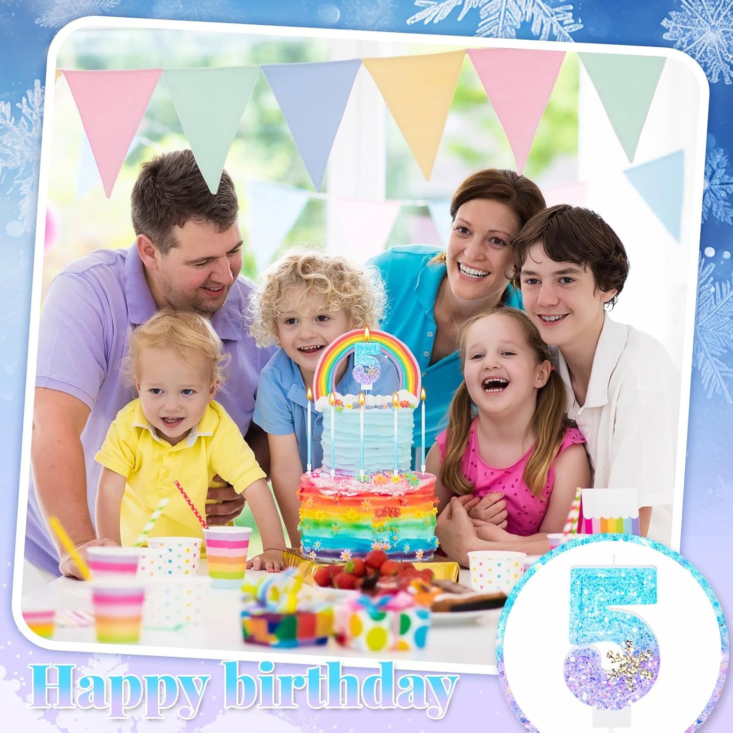 MTLEE Number 5 Birthday Candle Blue Snowflake with 6 Long Thin Cupcake Candles Blue Sparklers Glitter Number Happy Birthday Cake Topper Decorations for Winter Party Supplies