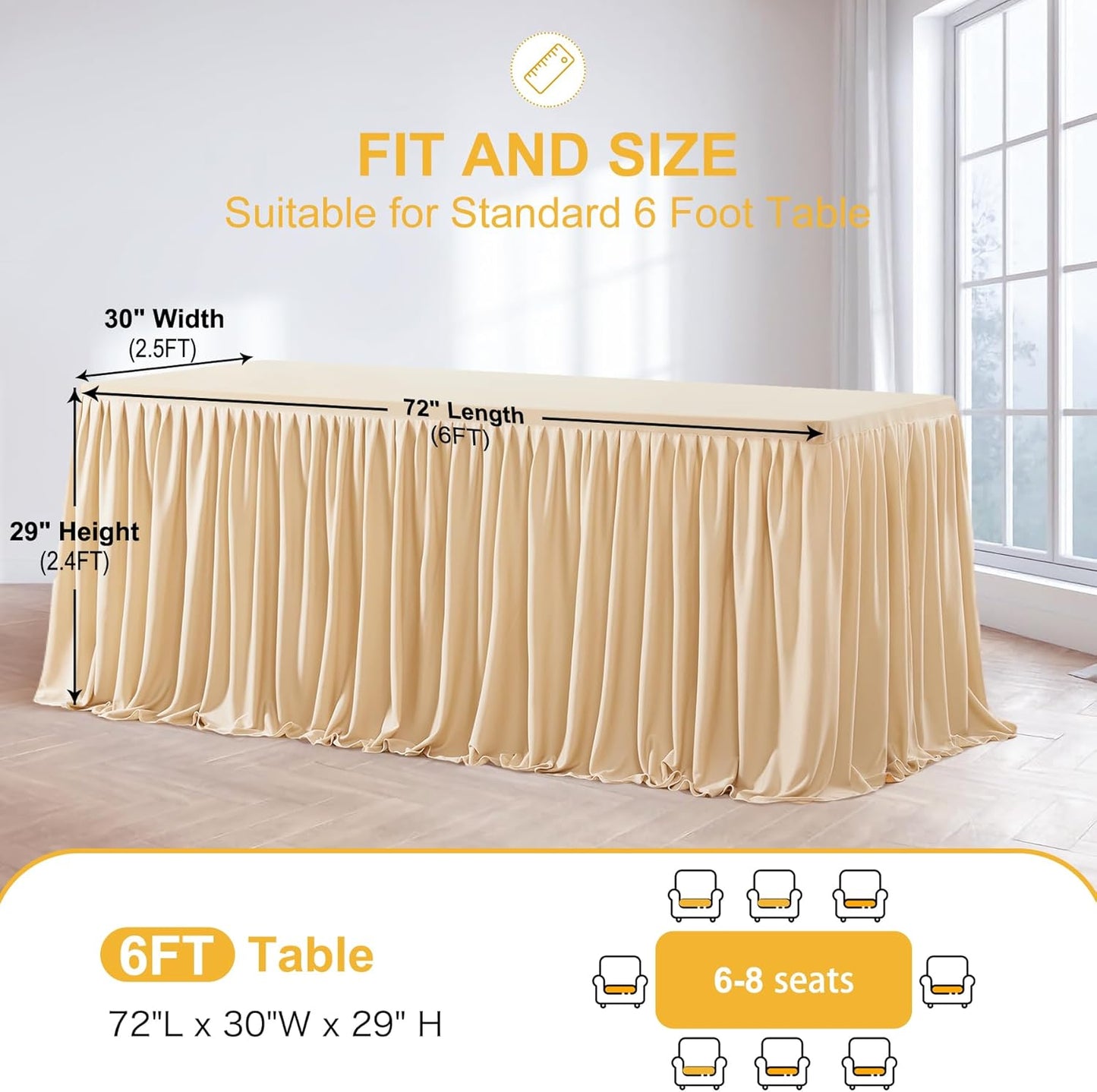 Deep Champagne Table Clothes for Rectangle Tables 6ft, Wrinkle Resistant Fitted Table Cloth with Pleated Ruffle Skirts for Banquet Wedding Baby Shower Folding Tables