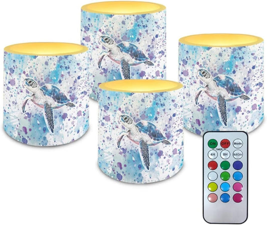 Poceacles Battery Operated LED Candles Set of 4 Remote and Timer Flameless Votive Candles, Multi-Color Flickering Tea Light for Home Parties Holidays Decor, Watercolor Sea Turtle Violet Blue