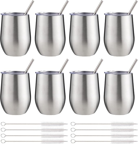 12 oz Insulated Wine Tumbler with Lid and Straw,Stainless Steel Stemless Wine Tumbler Glasses Double Wall Vacuum Wine Cups Tumbler Bulk for Coffee,Champaign,Office(Silver,8)