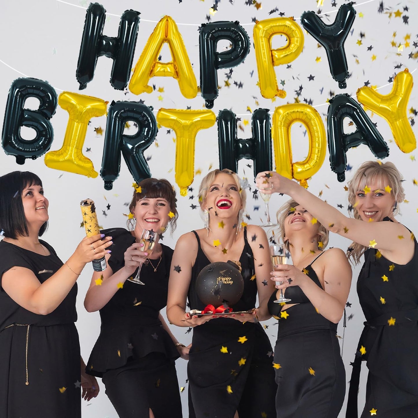 TONIFUL Happy Birthday Balloons Banner with Ribbon Straw, 16 Inch Mylar Letters Birthday Sign Banner Balloon Bunting Reusable for Girls Boys Kids & Adults Birthday Halloween Supplies（Black Gold）
