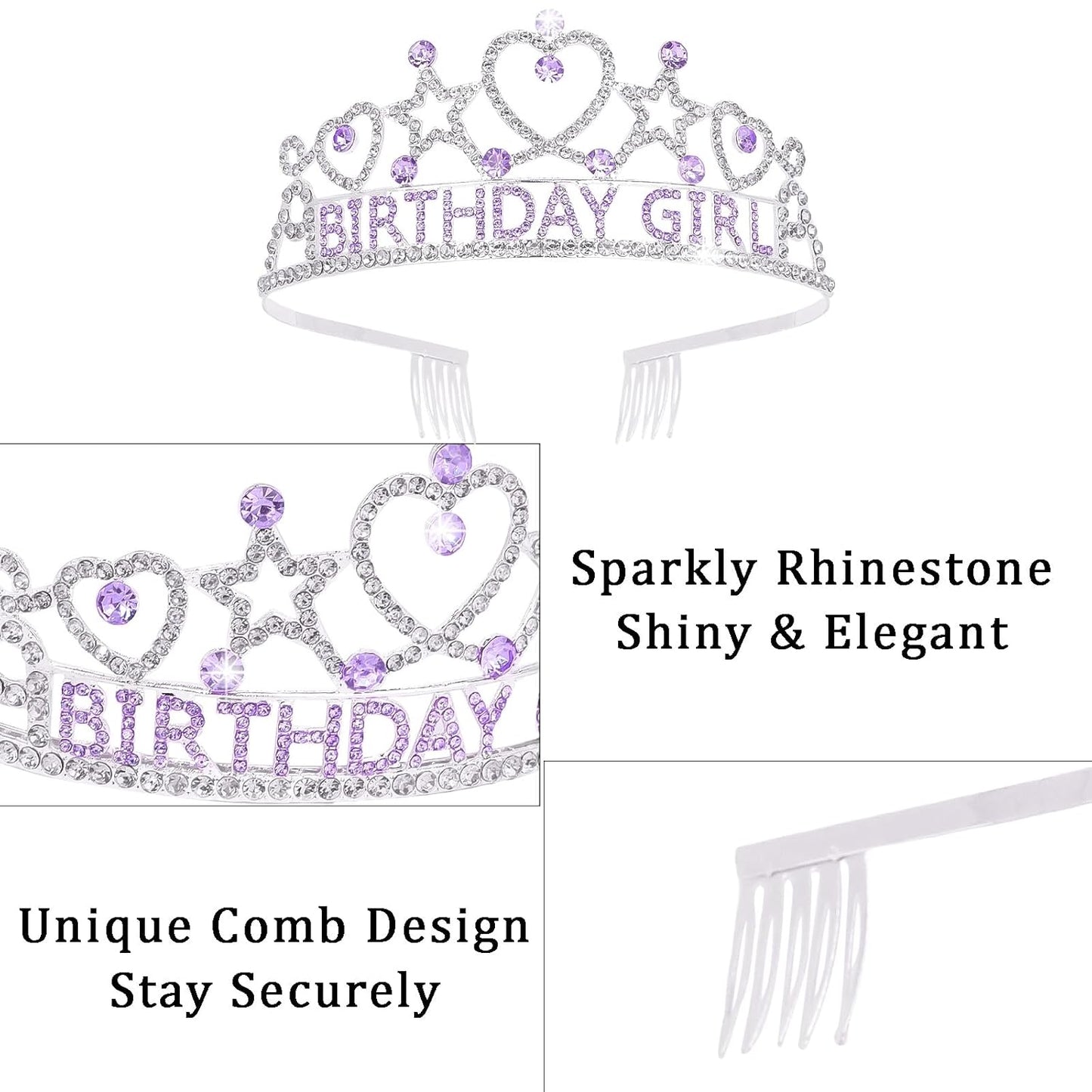Purple Birthday Girl Tiara and Sash Set - Sparkling Rhinestone Crown with Heart/Star Design & Iridescent Glitter Sash, Perfect for Girls’ Birthday Parties, Princess-Themed Celebrations, Gift for Girls and Women