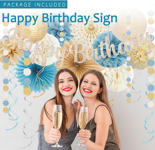 Dusty Blue Beige Champagne Women Birthday Decorations, Boho Neutral Boys Girls Blue Party Décor With Fog Cream Gold Balloons,Happy Banner Garland,Paper Lanterns, Honeycomb Tissue Pom Poms For Adults