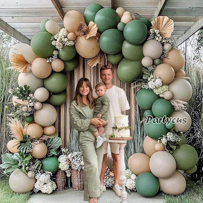 Sage Green Brown Balloon Arch Kit Double Stuffed Dusty Olive Green Tan White Sand Apricot Latex Balloon Garland for Neutral Baby Shower Safari Dinosaur Birthday Woodland Wild One Party Decoration