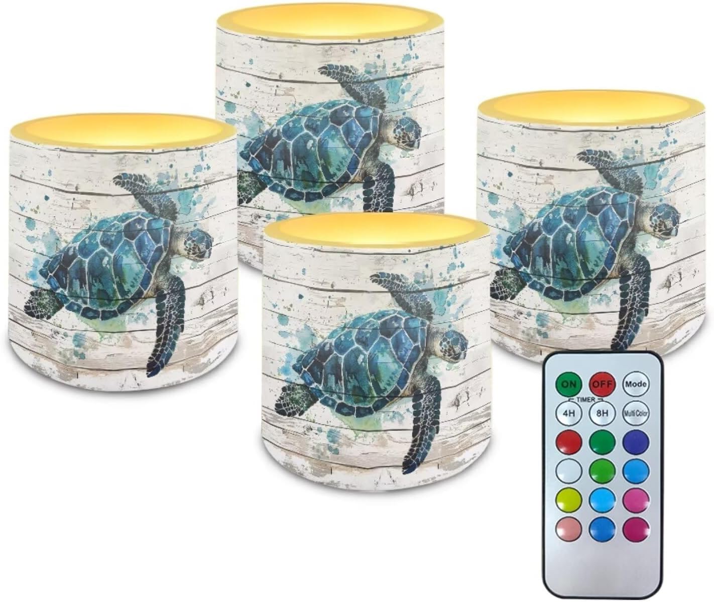 Poceacles 4 Piece Flameless LED Candles with Remote, Plastic Battery-Powered Candles with 12 Colors Changing Decorative Night Light for Home Holiday Decor, Watercolor Sea Turtle Wood Grain
