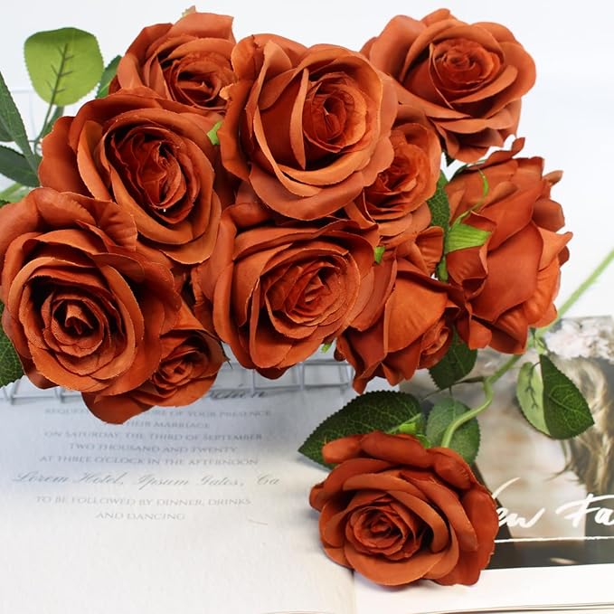Artificial Roses Flowers, 12 Pcs Fake Rose in Bulk, Long Stem Realistic Silk Roses Bouquet for Fall Home Decor, Thanksgiving Decor, Centerpieces, Flower Arrangement (Burnt Orange, 12-PCS)