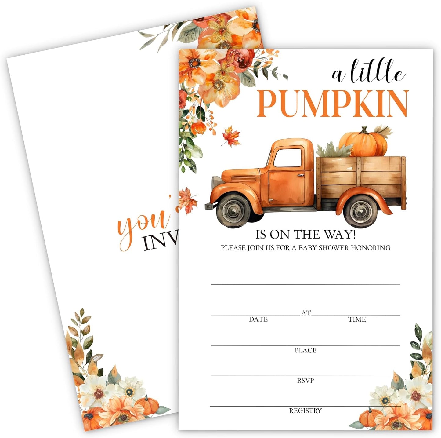Vintage Truck & Pumpkin Baby Shower Invitations - “A Little Pumpkin Is On The Way” Design with Envelopes And RSVP Cards - 20Pcs Fill In Baby Shower Party Cards(4 x 6 Inch) (046)