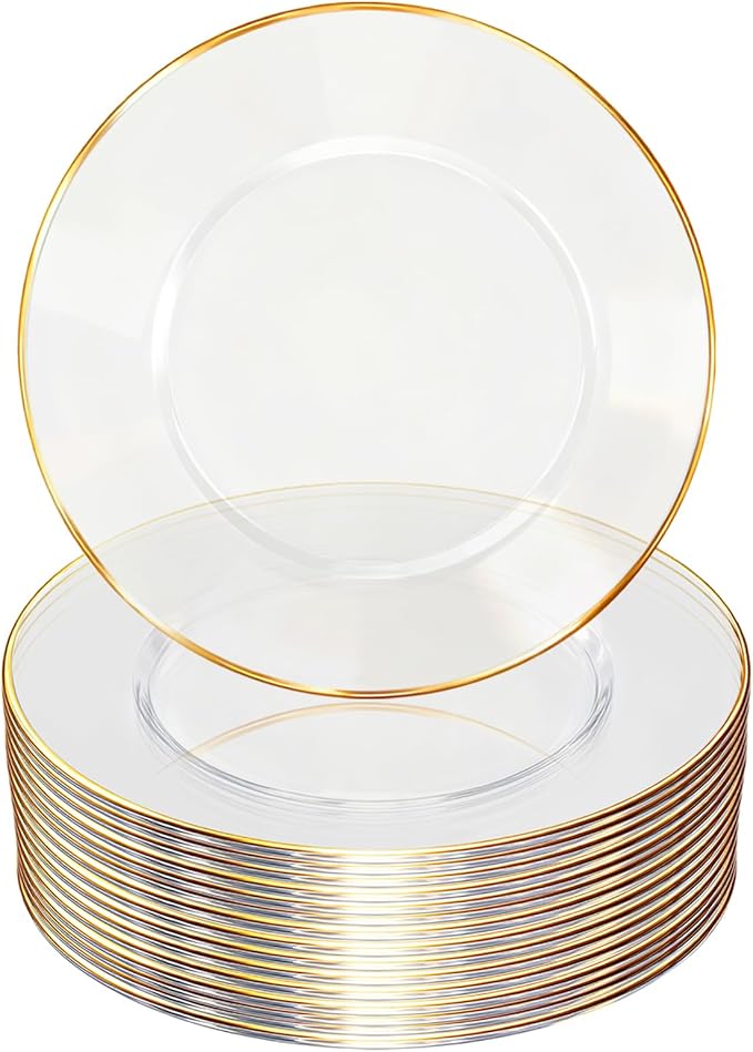 13 Inch Charger Plates, 16 Pack, Clear Charger Plates with Gold Rim, Heavy Duty Disposable Plastic Chargers for Dinner, Elegant Dining, Wedding, Party, Formal Event Decoration (16, Gold)
