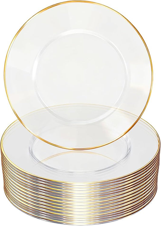 13 Inch Charger Plates, 16 Pack, Clear Charger Plates with Gold Rim, Heavy Duty Disposable Plastic Chargers for Dinner, Elegant Dining, Wedding, Party, Formal Event Decoration (16, Gold)