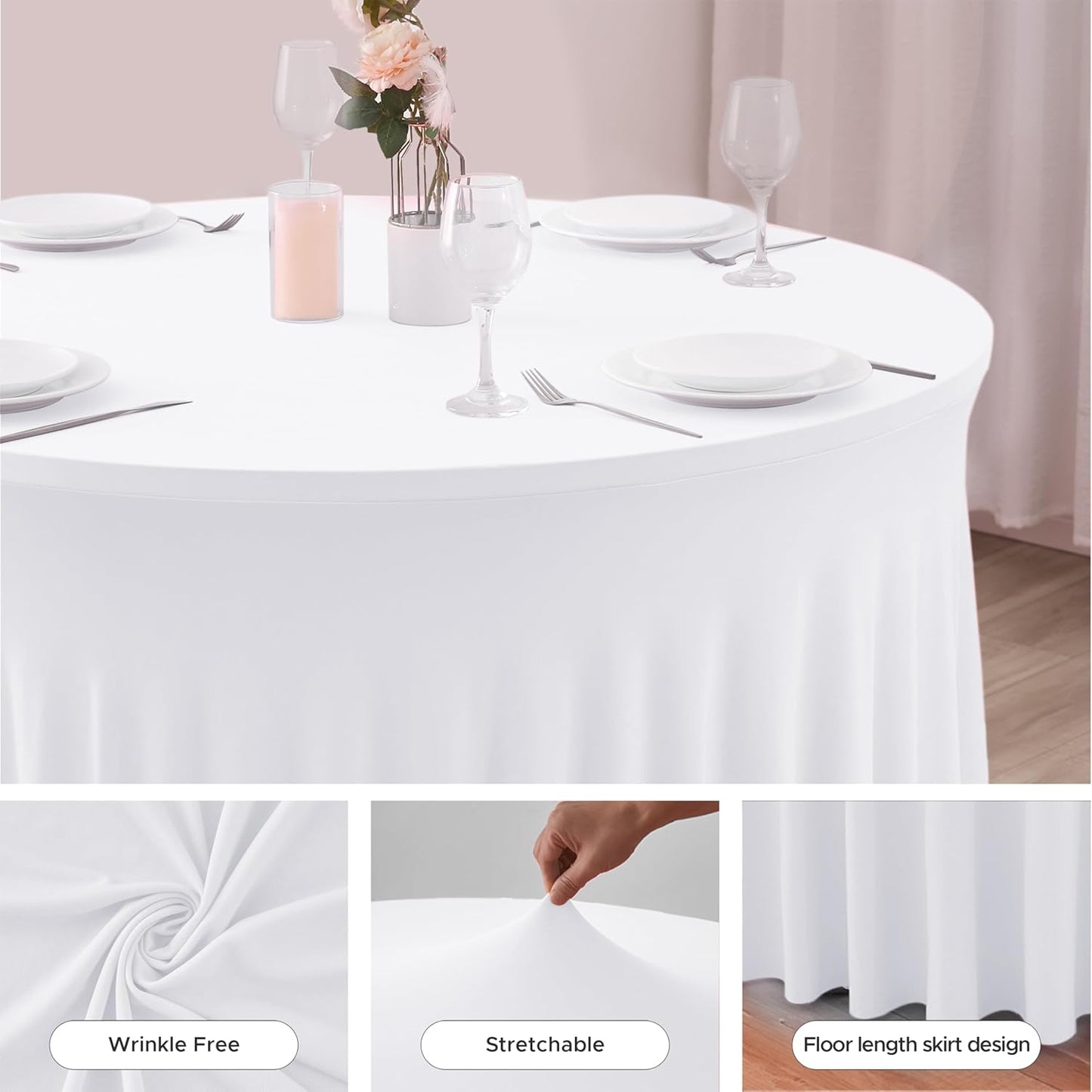 HolidayIdeas White Spandex Wedding Tablecloths for 60in Round Table, 5ft Fitted Stretch Table Skirts 120 Inch, Wrinkle-Free Ruffle Design Tablecloths for Banquets,Trade Shows, Parties, Events, 4 Pack