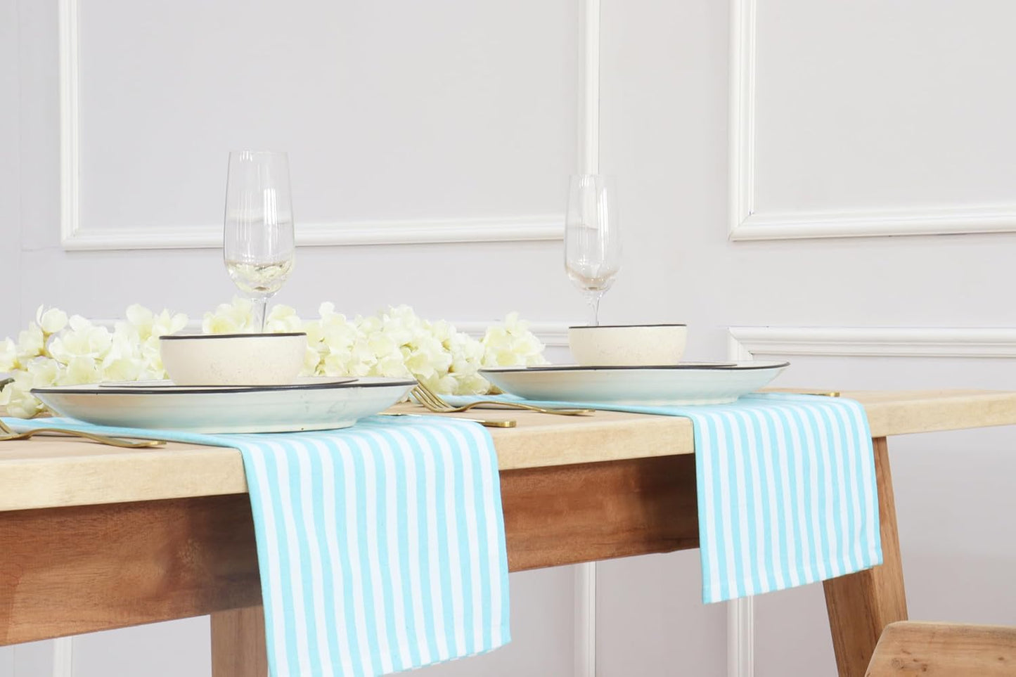 PurpleEssences Plain Striped Cloth Napkins - Set of 12-100% Cotton - 18 x 18 Inch - Fall Thanksgiving - Perfect Everyday Use Dinner Napkin - Aqua Blue White