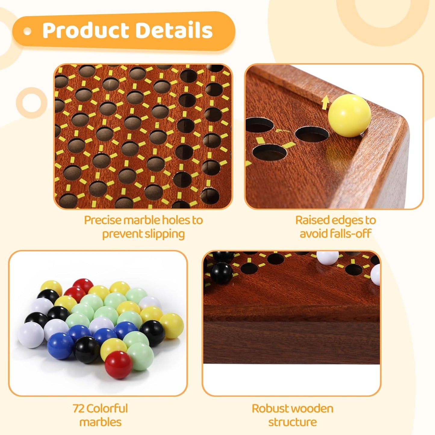 Chinese Checkers Board Game, 100% Natural Quality Wood 12-Inch Chinese Checker Board Game with 72 Marbles & Storage Drawer, Strategic Board Game Kit Birthday Gift