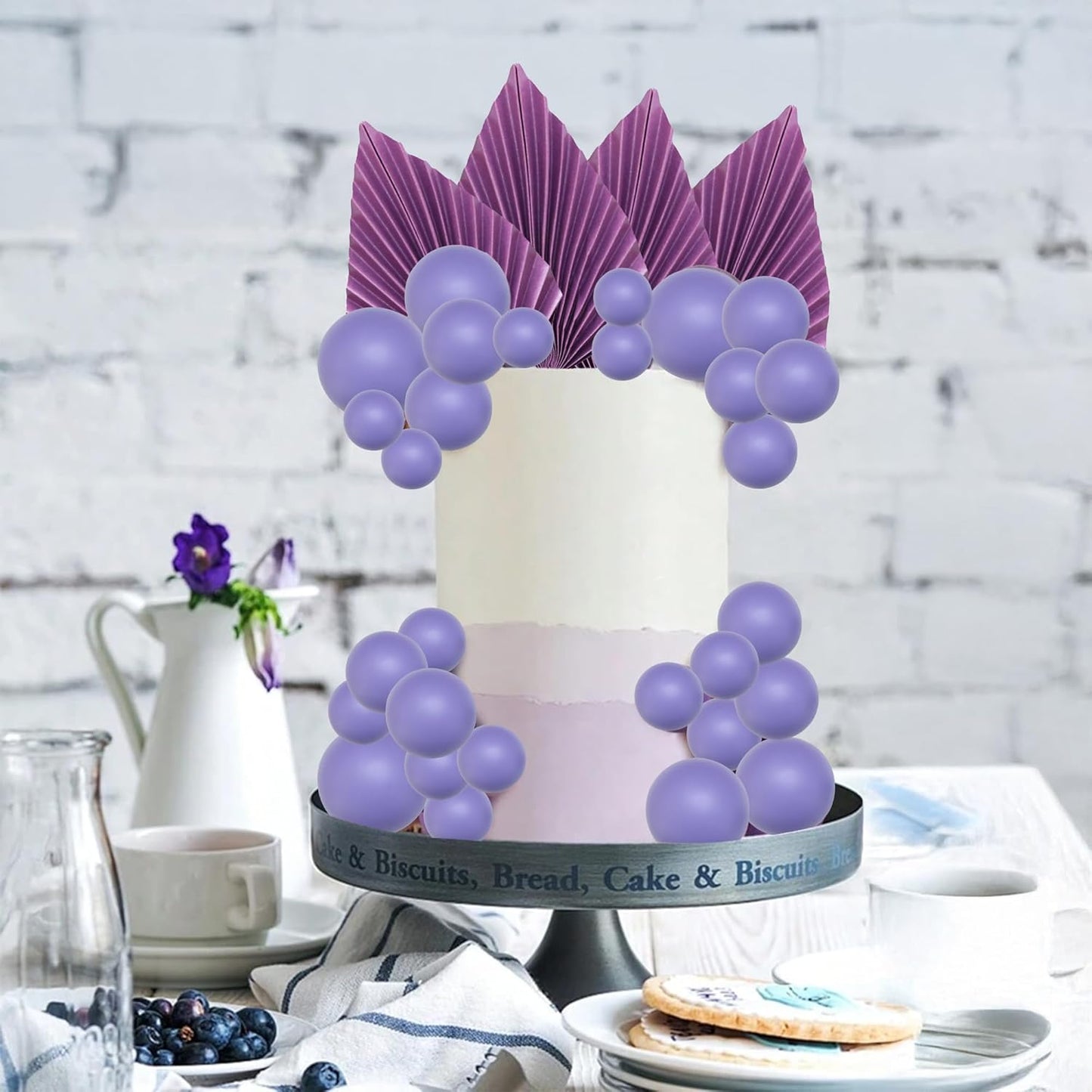 Ephlyn 28Pcs Paper Palm Fan Cake Topper Balls Cake Pick Wedding Bridal Shower DIY Cake Decorations for Baby Shower Wedding Birthday Anniversary Party Supplies Purple