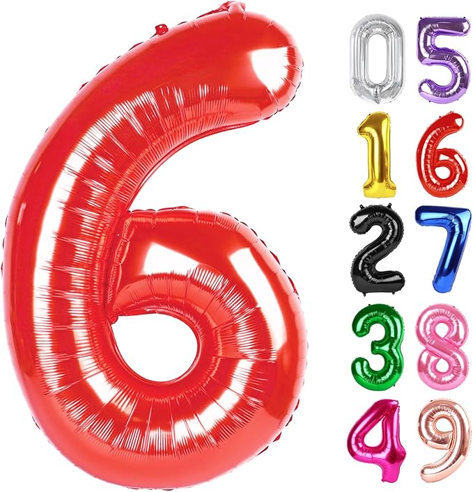 Red Number 6 Balloon 40 Inch, 6th Birthday Party Decorations for Children, Giant 6 Foil Balloon for Party Supplies