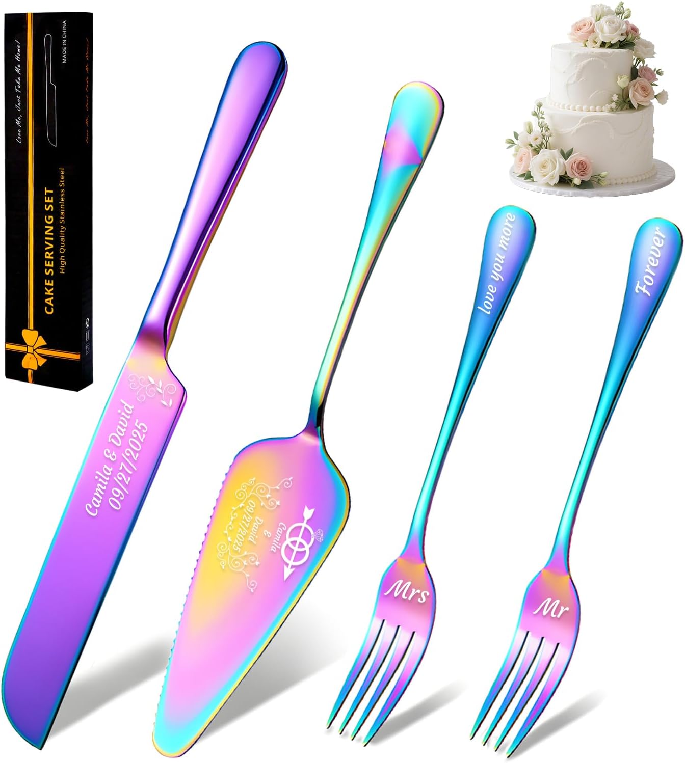 HJX Personalized Wedding Cake Knife and Server Set, Custom Names Cake Cutting Set, Customized Knife and Cake Server Set Gift for Bridal Anniversary Birthday Wedding Registry (Multicolor)