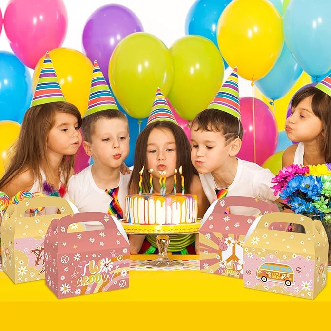 MIKIMIQI 12 PCS Groovy Boho Rainbow Hippie Party Decorations Boxes - Retro Daisy Party Gift Bags for Girls 2nd Birthday