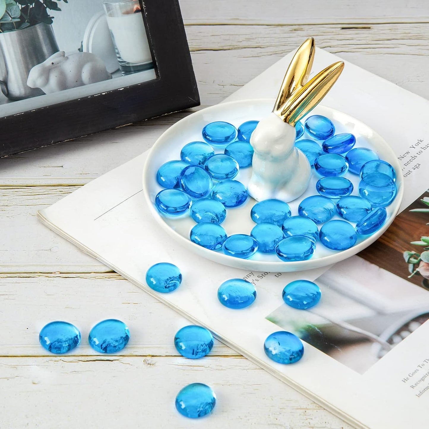 FUTUREPLUSX 5Lb Flat Glass Marbles, Glass Beads Cerulean Flat Gems Aquarium Pebbles Vase Filler Table Scatter Decor