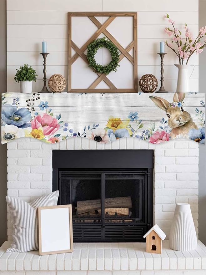 Bunny Easter Fireplace Mantel Scarf Table Runner,Spring Floral Blue Eucalyptus Leaves Wooden Winter Garland Mantel Top Tablerunners Dresser Scarves Cover for Windows Party Living Room 70"x17"