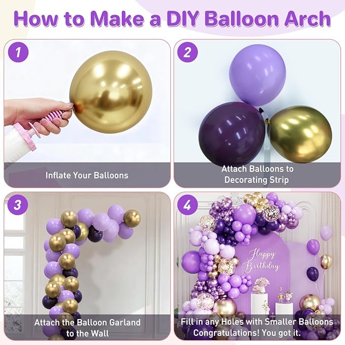 Purple and Gold balloon Arch Kit, 167Pcs Dark Light Metallic Lavender Purple Gold Chrome and Confetti Balloon for Women Girl Princess Birthday, Wedding Graduation Birthday Party Decorations
