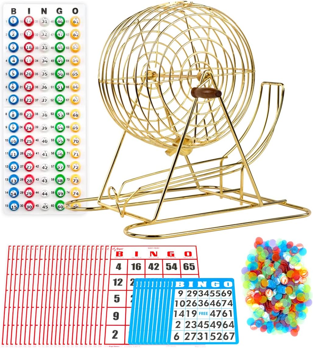 Regal Bingo Professional Bingo Game Set with 11" Wheel Cage, 75 Bingo Balls, Master Board, 18 Bingo Cards & 25 Jumbo Reusable Cards, and Colorful Chips - Bingo Games for Adults Large Group - Gold