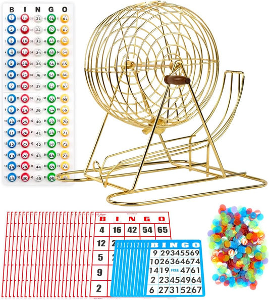 Regal Bingo Professional Bingo Game Set with 11" Wheel Cage, 75 Bingo Balls, Master Board, 18 Bingo Cards & 25 Jumbo Reusable Cards, and Colorful Chips - Bingo Games for Adults Large Group - Gold