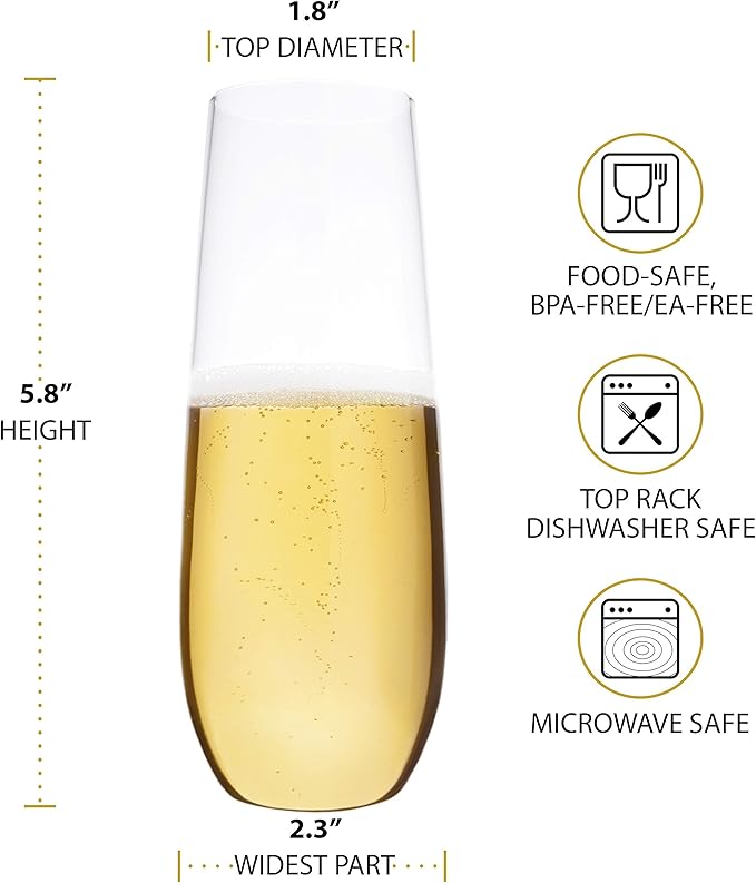 Plastic Champagne Flutes, Heavy Duty Unbreakable Stemless Tritan Glasses, BPA-free, Reusable, 8.5 oz, Set of 8