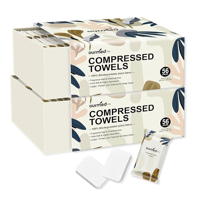 Ourmed Life Compressed Towel Tablets – Portable, Individually Wrapped Disposable Face Towels, Quickly Expand with Water, Soft & Lint-Free, 12‘’x10‘’ for Travel, Camping, Hiking, Backpacking (112 Ct)