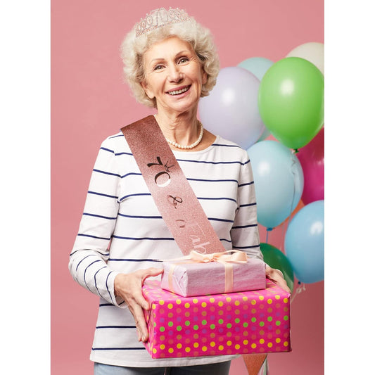 70th Birthday Celebration Pack for Women: Crown, Sash, Pearl Pin, and Photo Booth Props for a Fabulous Milestone