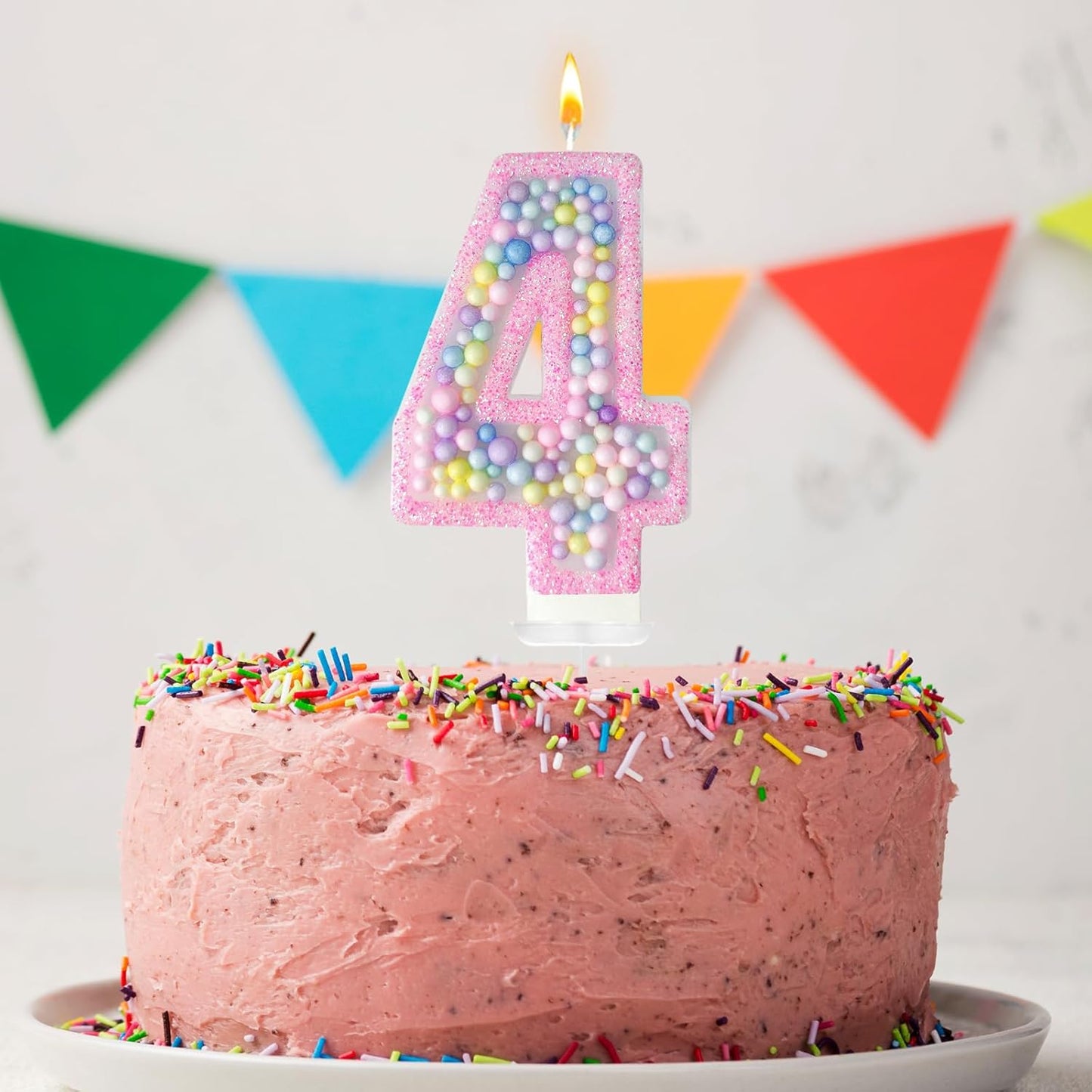 Zlongron Birthday Number Candles, Handmade Macaron 3D Flash Number 4 Candle, Suitable for Girls and Boys' Birthdays, Weddings, Anniversaries, Theme Party Cake Decorations