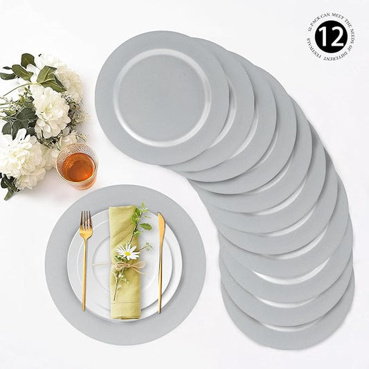 MAONAME Silver Charger Plates Set of 12, 13" Round Plate Chargers for Dinner Plate, Plastic Table Chargers for Wedding Decor, Party